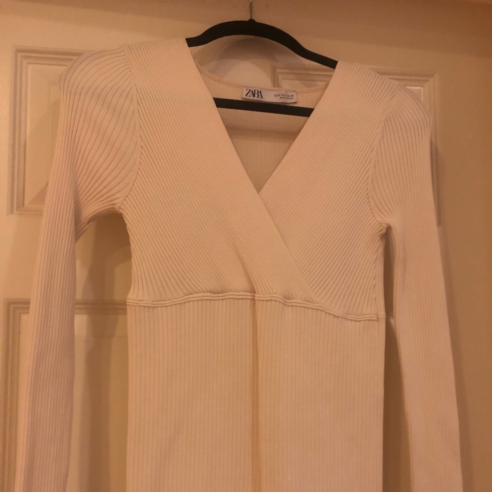 Zara Long Cream Ribbed Dress - Picture 4 of 6